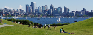 Lawn with View of City Skyline