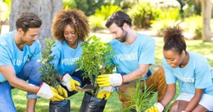 People helping plant a garden in the community.